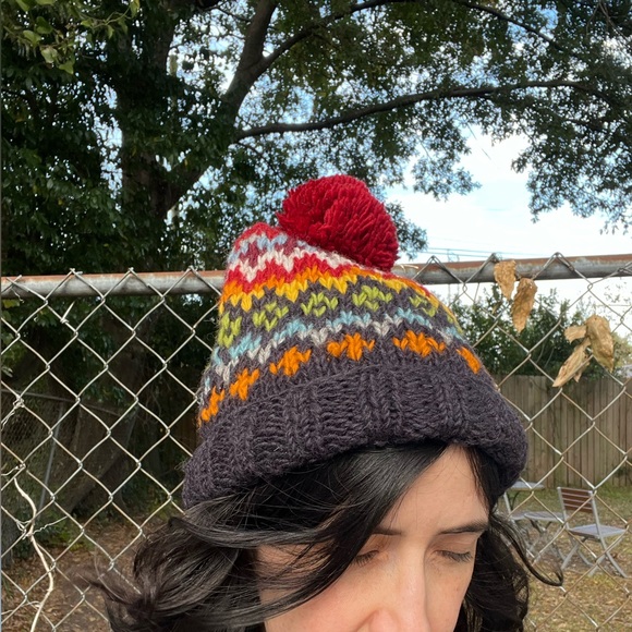 Rainbow Knit Beanie with Pom Pom - Picture 2 of 4